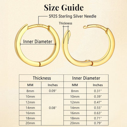 Size guide for gold hoop earrings with measurements in millimeters and inches.