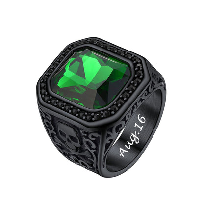 Skull Green Gemstone Ring Black Plated
