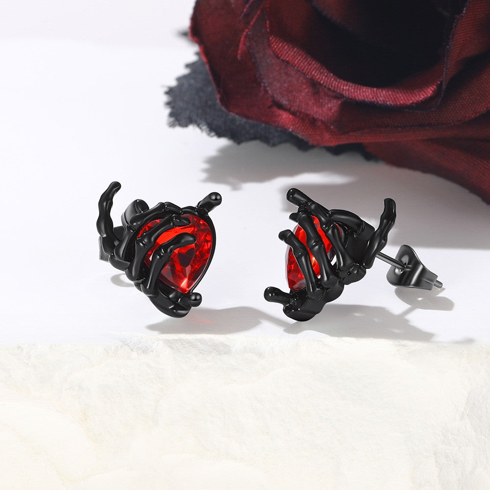 Skull Hand Ruby Gemstone Stud Earrings TE60480