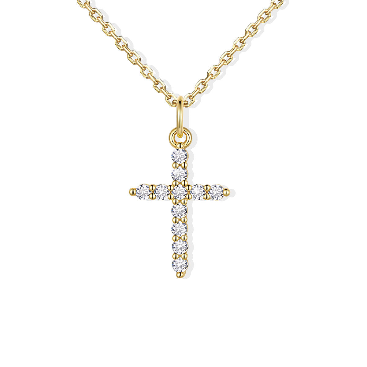 Gold CZ cross pendant necklace  on a white background