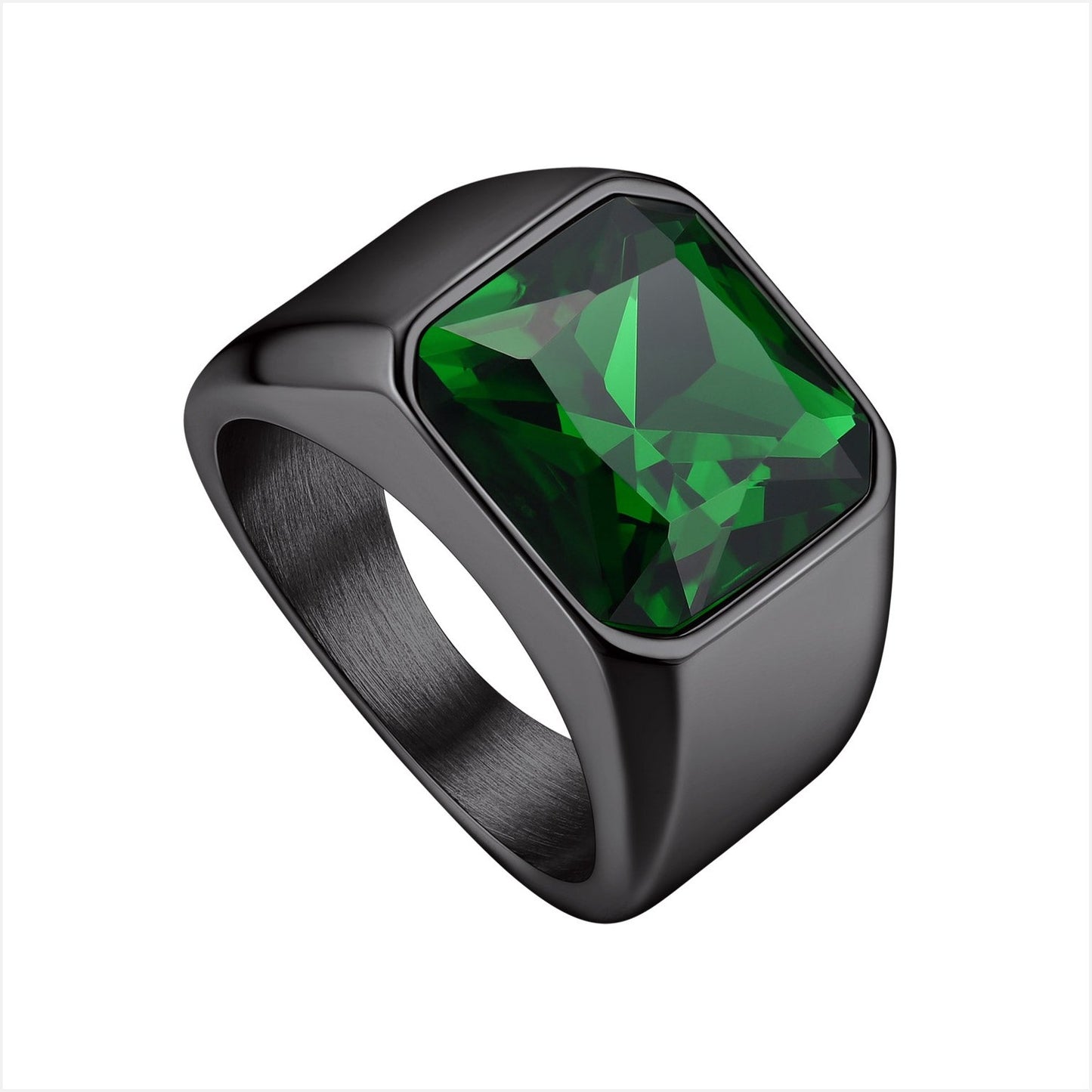 Square Gemstone Signet Band Ring for Men green stone