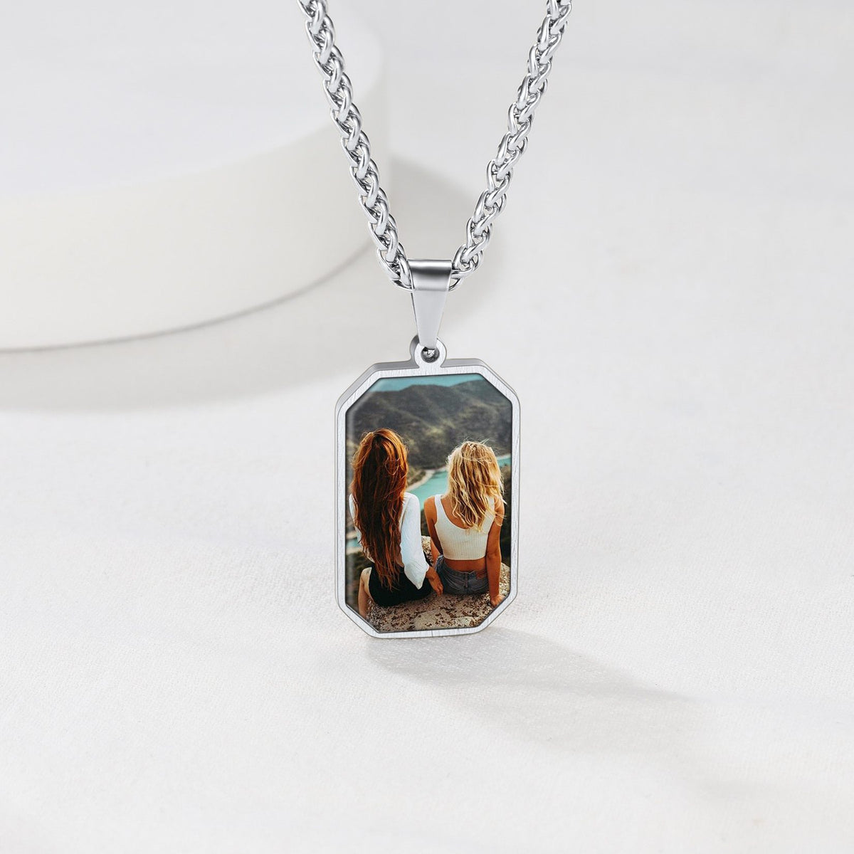 Stainless Steel Custom Double-Sided Photo Octagon Dog Tag Necklace on a white background