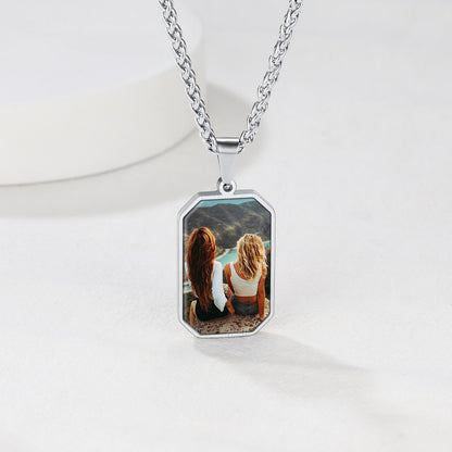 Stainless Steel Custom Double-Sided Photo Octagon Dog Tag Necklace on a white background