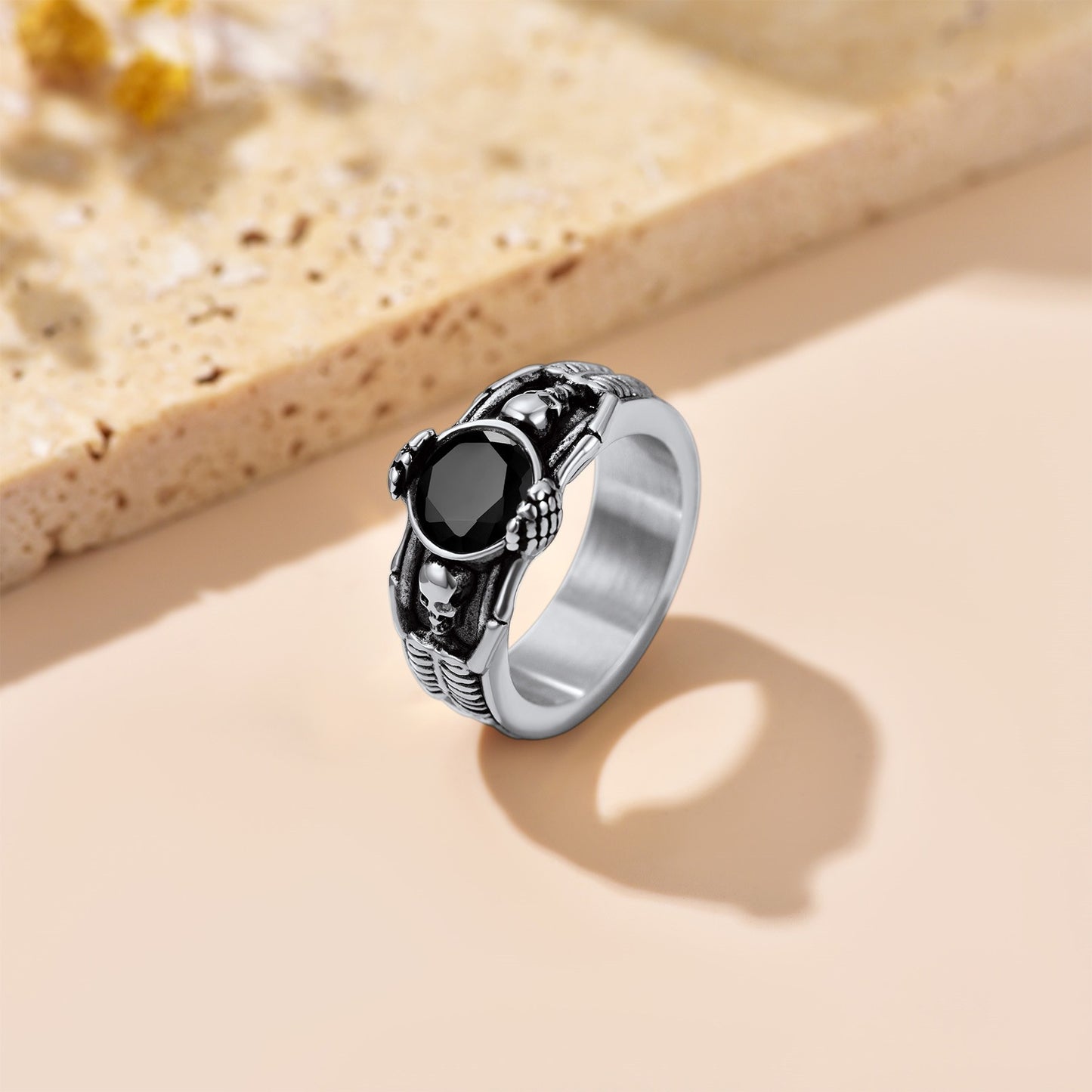 Stainless Steel Engraving Black Onyx Skull Band Ring