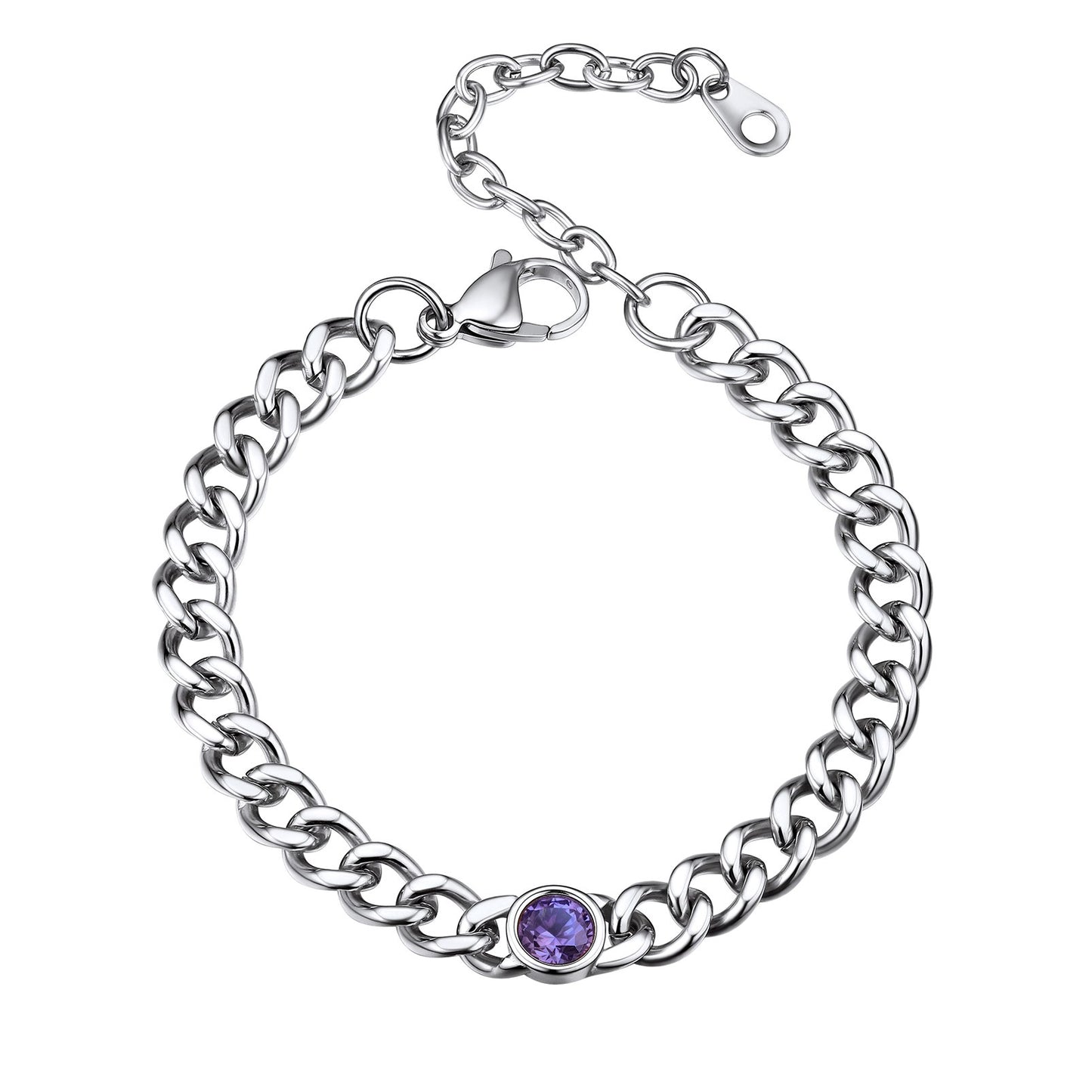 Stainless Steel February Birthstone Cuban Link Bracelet