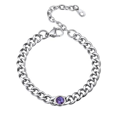 Stainless Steel February Birthstone Cuban Link Bracelet