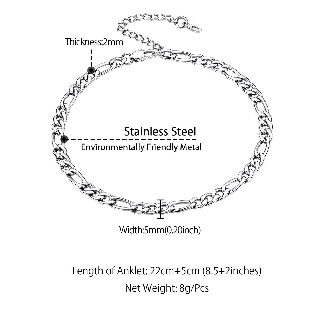 Stainless Steel Figaro Chain Anklet 5MM Dimension, Durable