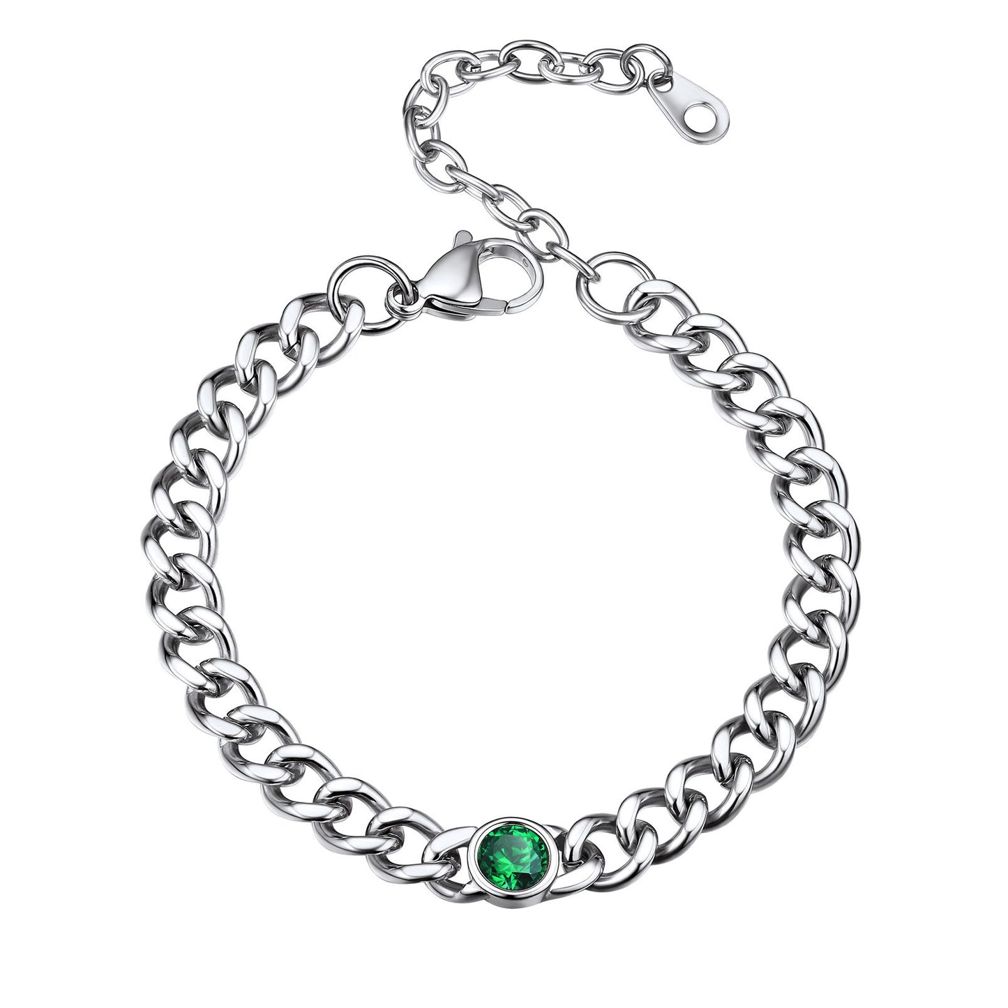 Stainless Steel May Birthstone Cuban Link Bracelet
