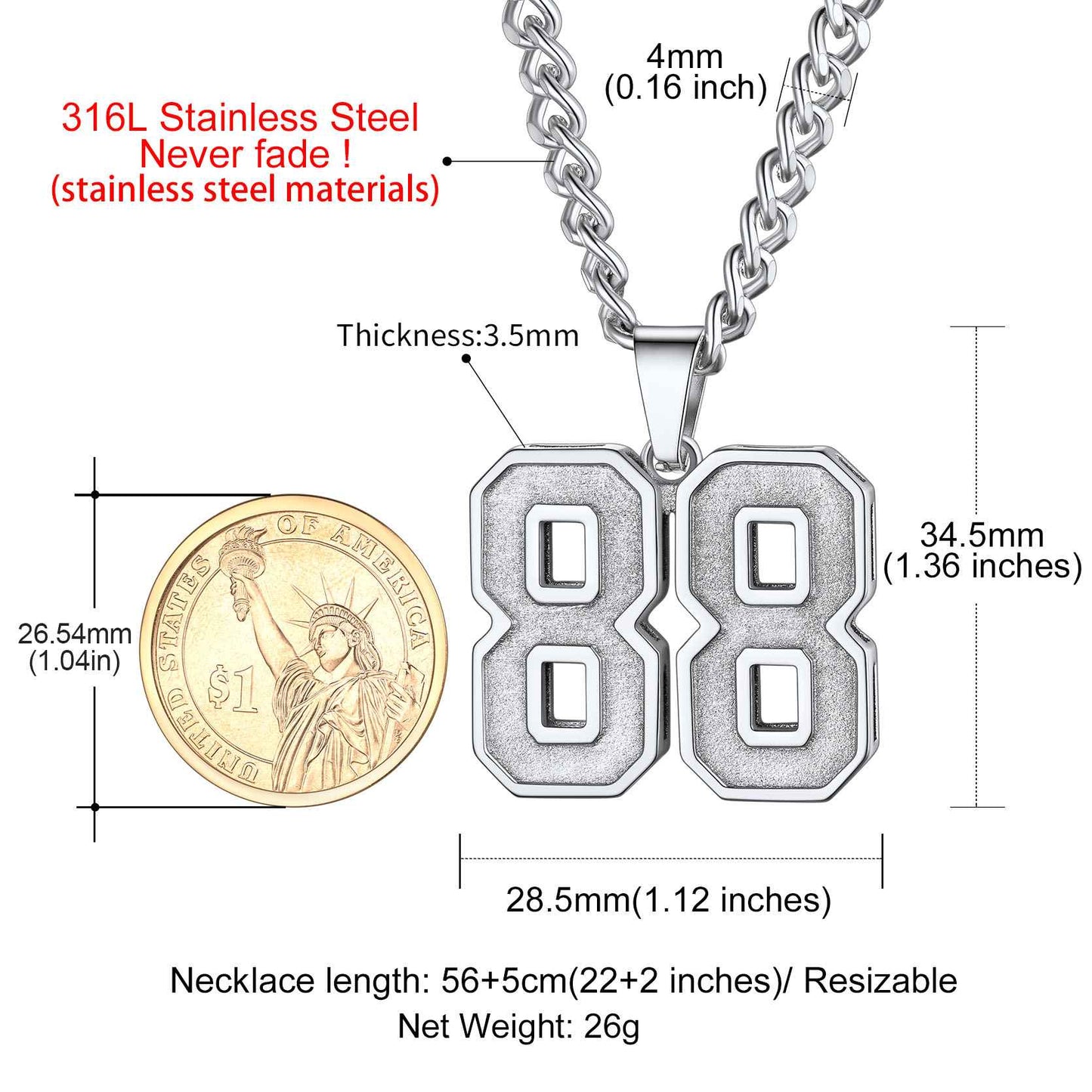 Stainless Steel Number Necklace Sport Necklace: Dimension, Durable, Solid 