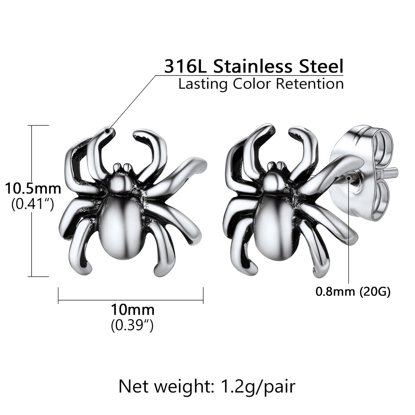 Stainless Steel Spider Stud Earrings Steel: Dimension, Durable, Solid