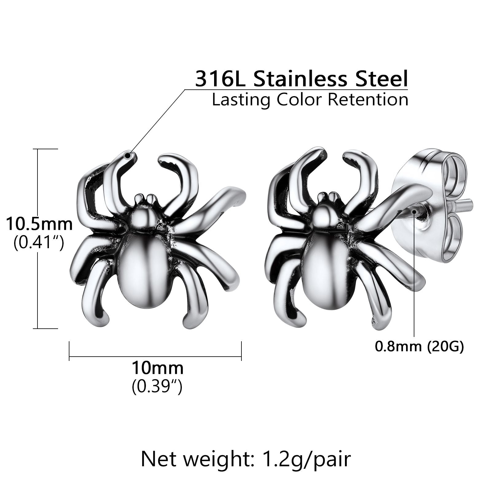 Stainless Steel Spider Stud Earrings Steel: Dimension, Durable, Solid
