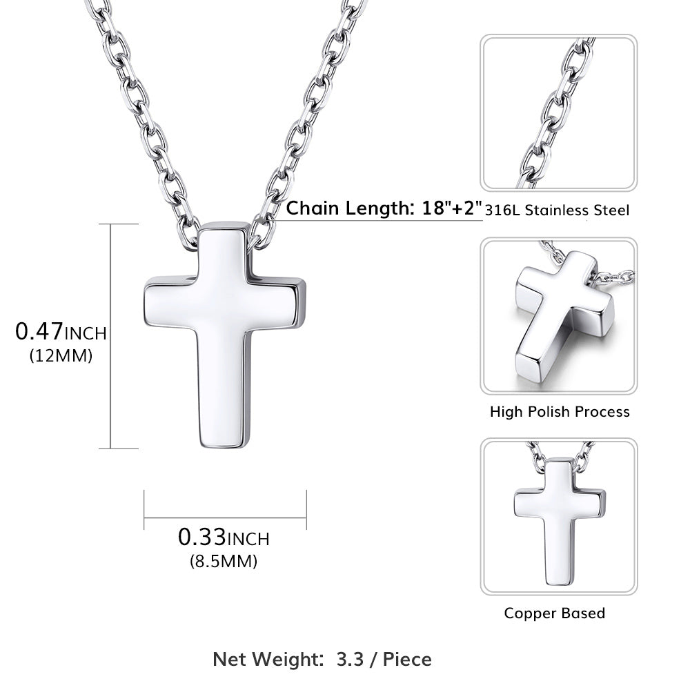 Stainless steel cross necklace with detailed measurements and specifications on a white background