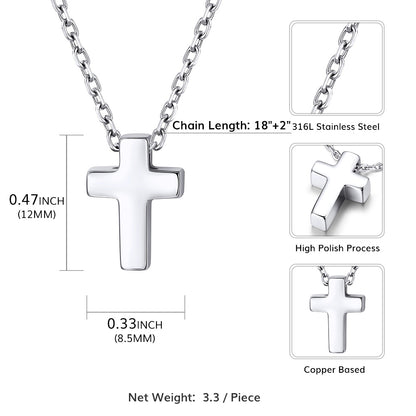 Stainless steel cross necklace with detailed measurements and specifications on a white background