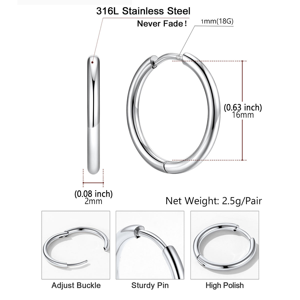 Stainless steel huggie earring with measurements and features on a white background