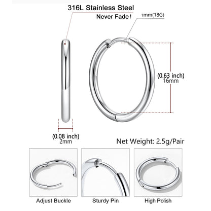 Stainless steel huggie earring with measurements and features on a white background
