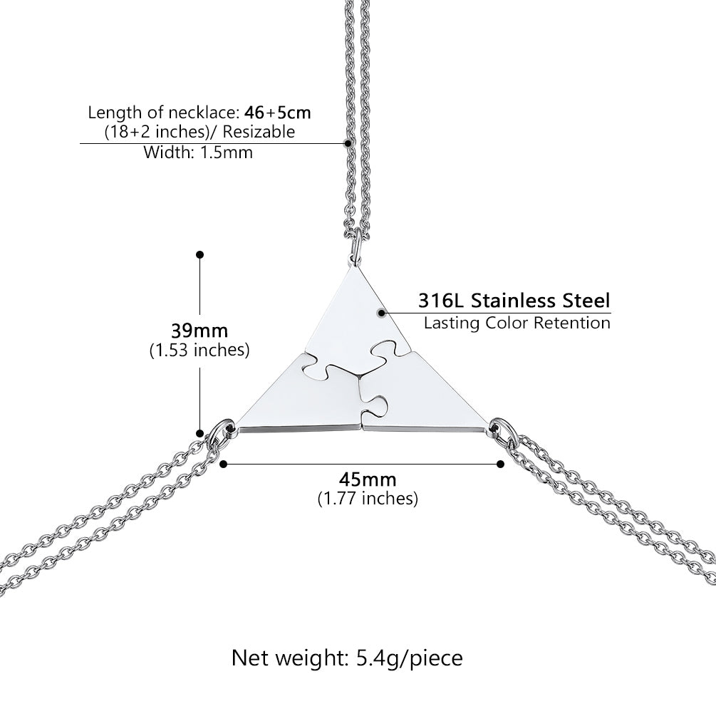 Stainless steel matching puzzle necklace with clear puzzle piece pendant, showing measurements and material details.