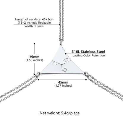 Stainless steel matching puzzle necklace with clear puzzle piece pendant, showing measurements and material details.