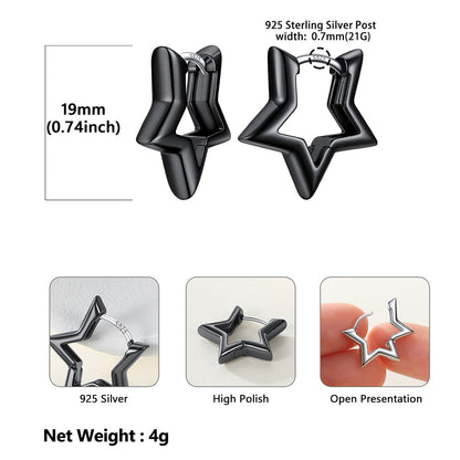 Star-shaped hoop earrings in polished silver-tone metal, shown with dimension callouts (19mm), close-up detail shots, and text noting 925 sterling silver post, 0.7mm width, 4g net weight, and open presentation.