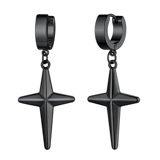 Star Hoop Dangle Drop Earrings Black Plated