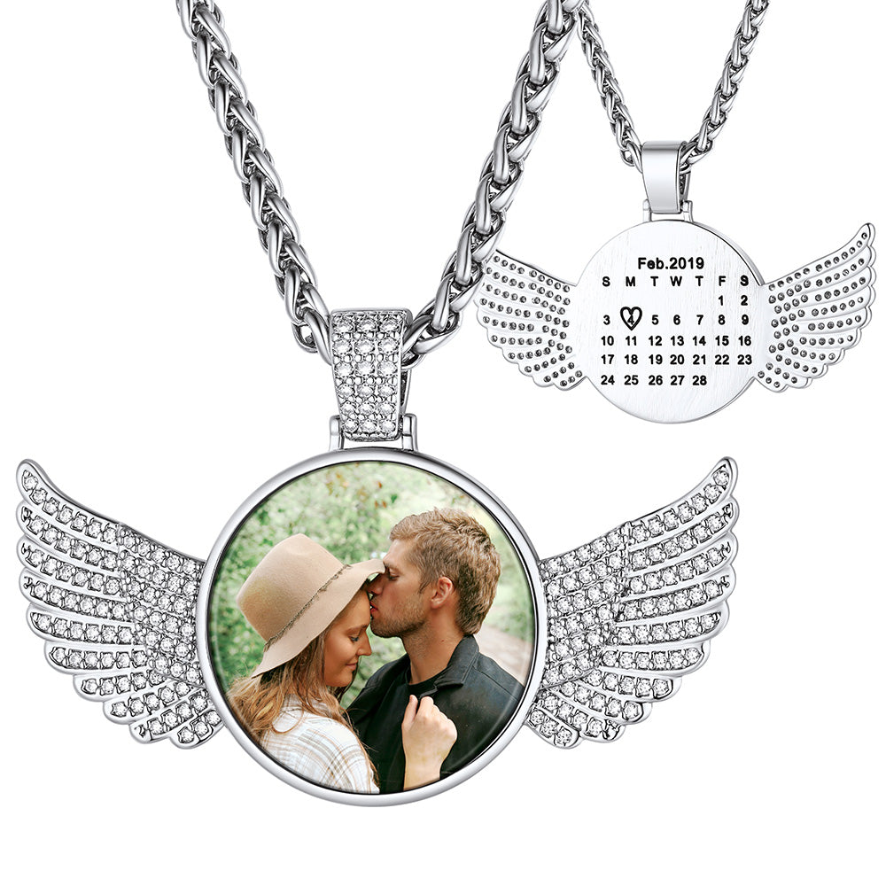 Steel Angel Wing Calendar Photo Necklace steel