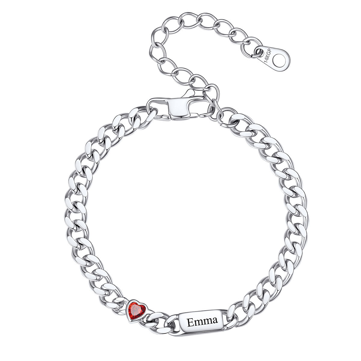 Steel Custom 1 Name Cuban Chain Bracelet with Haert Birthstone on a white background