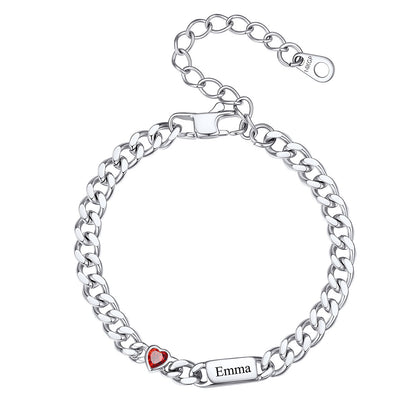Steel Custom 1 Name Cuban Chain Bracelet with Haert Birthstone on a white background