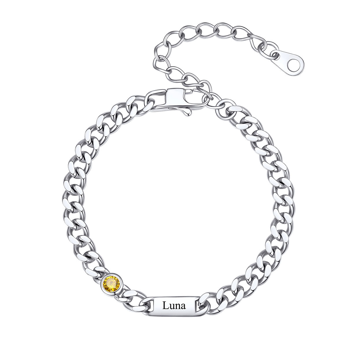 Steel Custom 1 Name Cuban Chain Bracelet with Round Birthstone on a white background