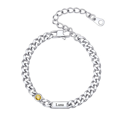 Steel Custom 1 Name Cuban Chain Bracelet with Round Birthstone on a white background