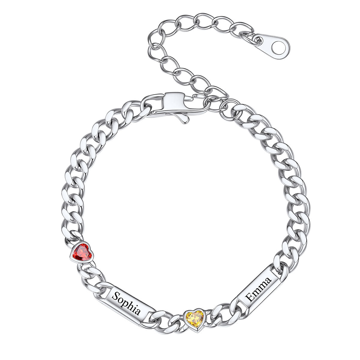 Steel Custom 2 Name Cuban Chain Bracelet with Haert Birthstone on a white background