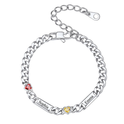 Steel Custom 2 Name Cuban Chain Bracelet with Haert Birthstone on a white background
