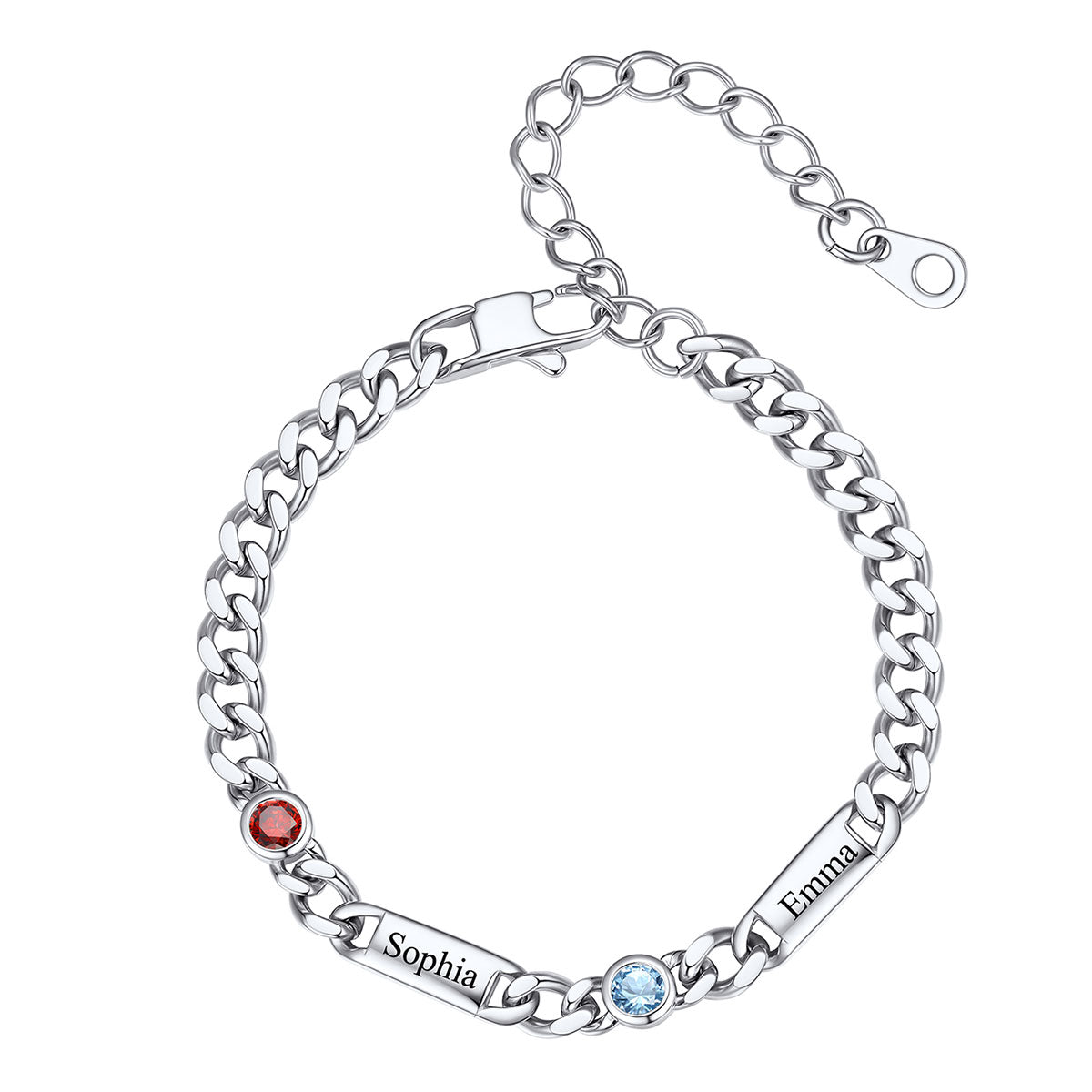 Steel Custom 2 Name Cuban Chain Bracelet with Round Birthstone on a white background