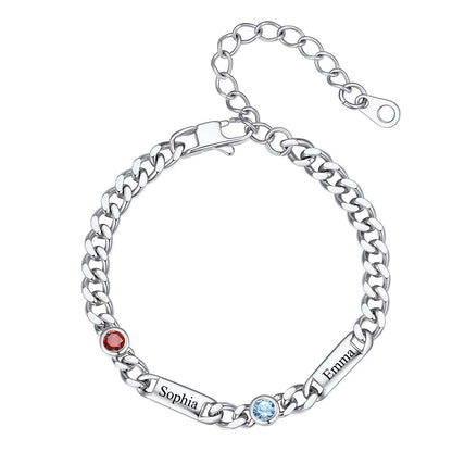 Steel Custom 2 Name Cuban Chain Bracelet with Round Birthstone on a white background