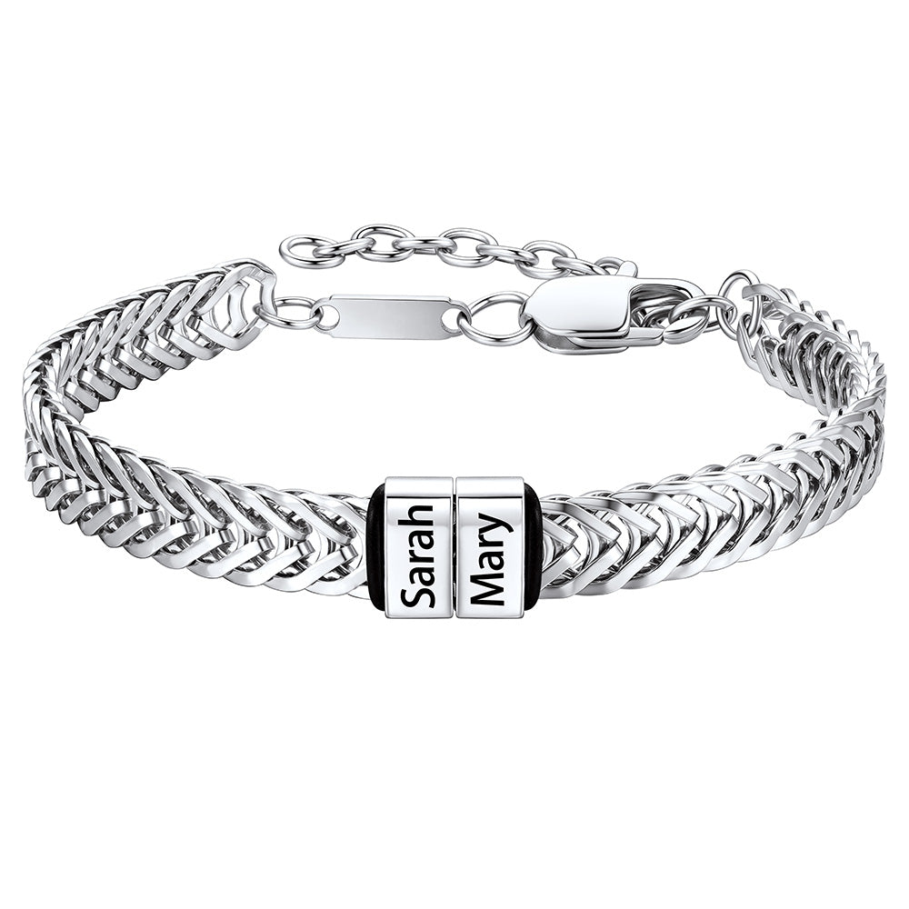 Steel Custom 2 Names Chain Bracelet for Men on a white background