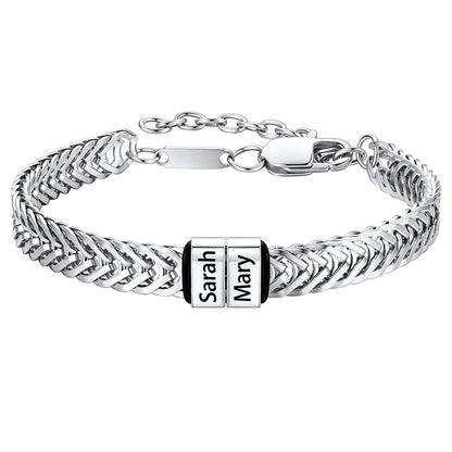 Steel Custom 2 Names Chain Bracelet for Men on a white background