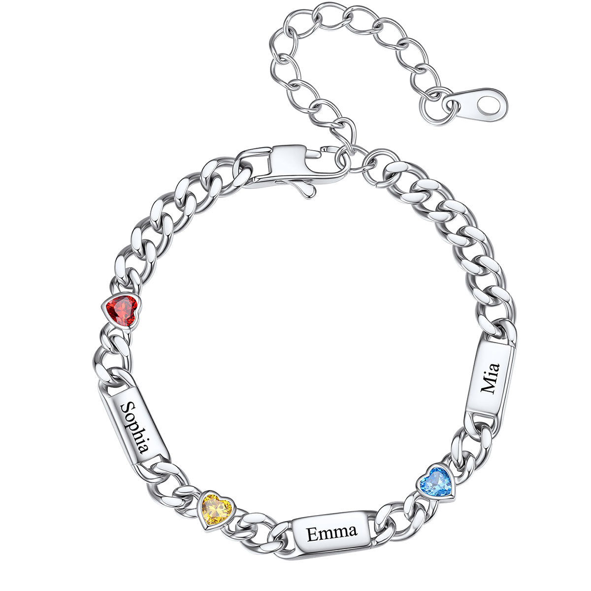 Steel Custom 3 Name Cuban Chain Bracelet with Haert Birthstone on a white background