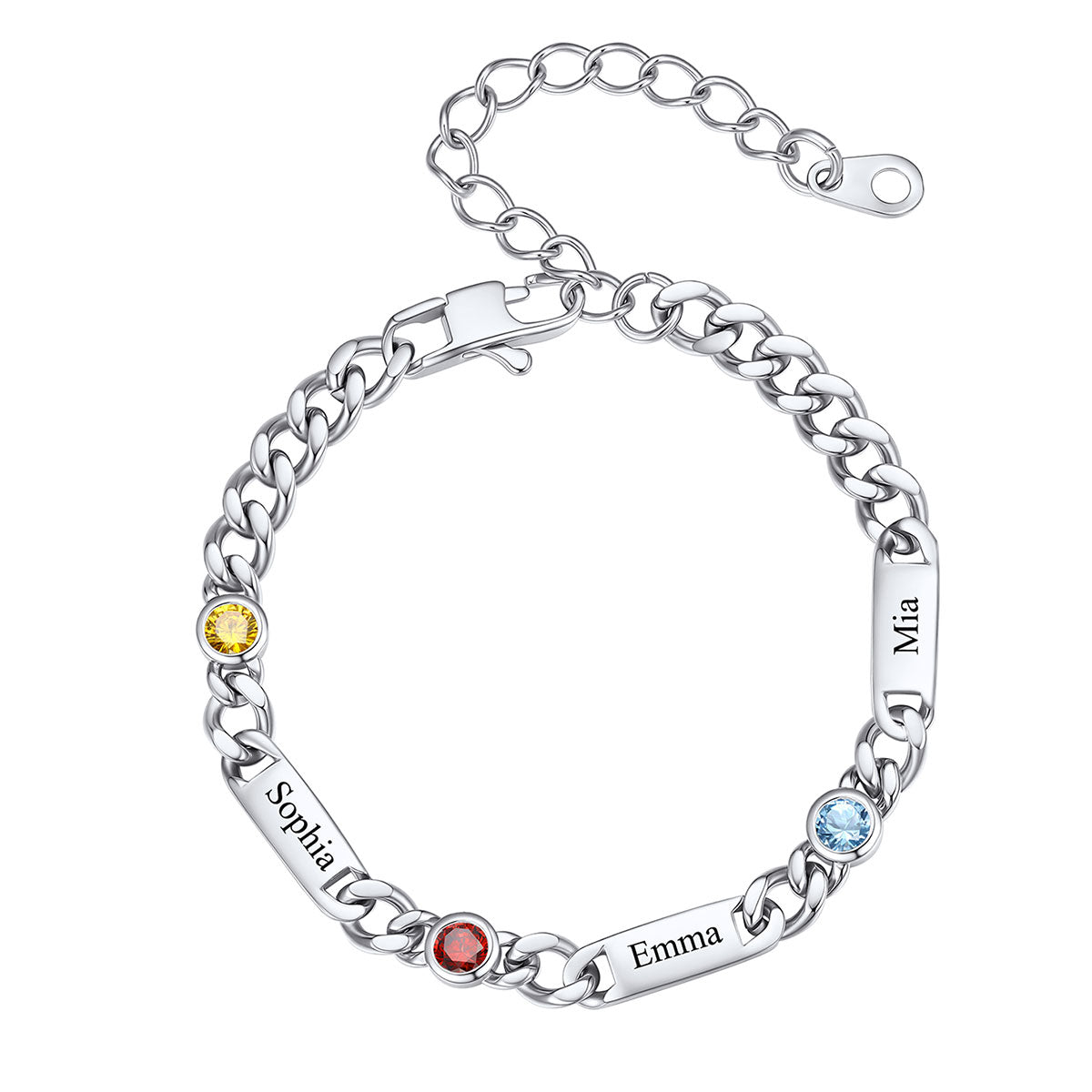 Steel Custom 3 Name Cuban Chain Bracelet with Round Birthstone on a white background