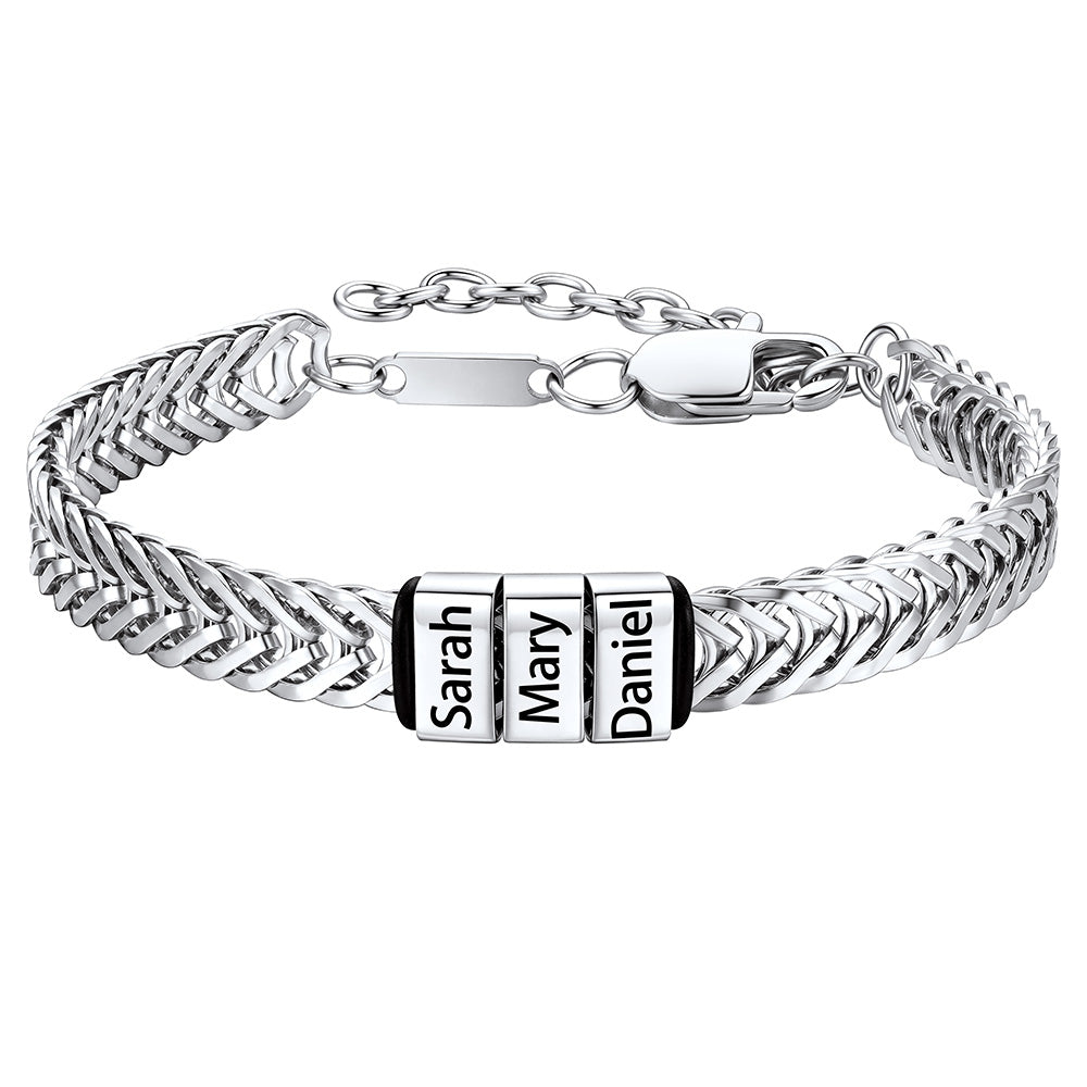 Steel Custom 3 Names Chain Bracelet for Men on a white background