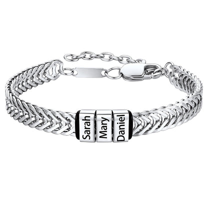 Steel Custom 3 Names Chain Bracelet for Men on a white background