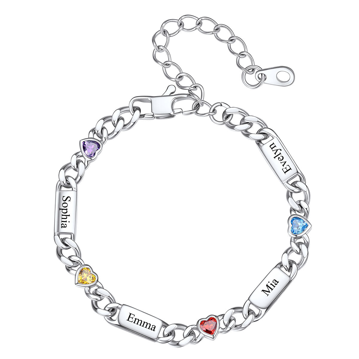 Steel Custom 4 Name Cuban Chain Bracelet with Haert Birthstone