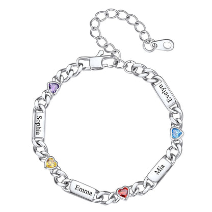 Steel Custom 4 Name Cuban Chain Bracelet with Haert Birthstone