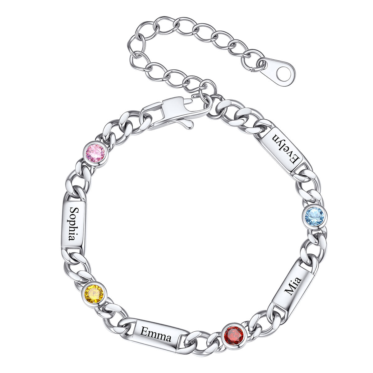 Steel Custom 4 Name Cuban Chain Bracelet with Round Birthstone on a white background
