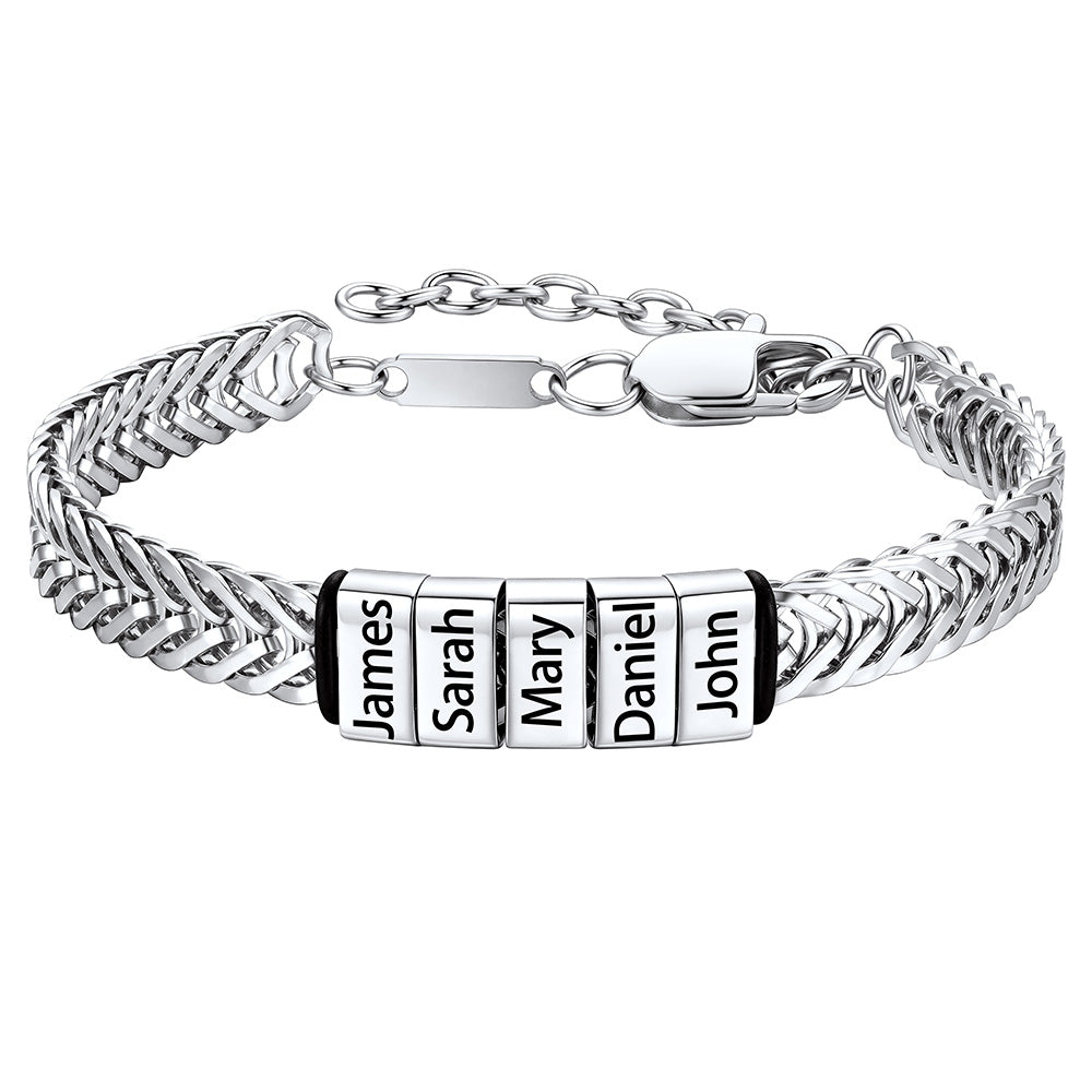 Steel Custom 5 Names Chain Bracelet for Men on a white background