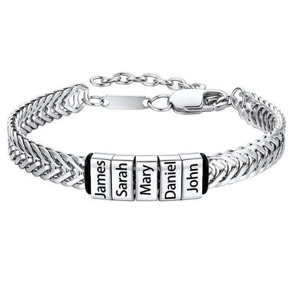 Steel Custom 5 Names Chain Bracelet for Men on a white background
