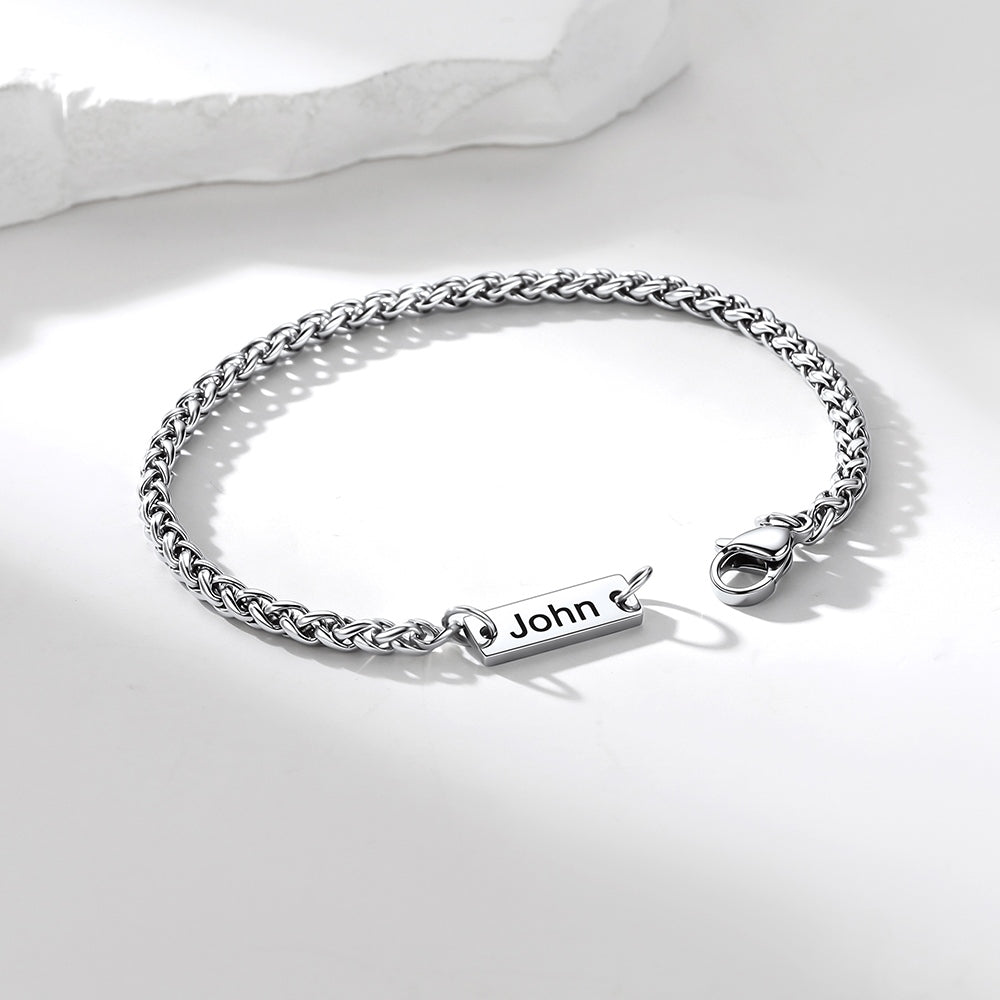 Steel Custom Engraved Bar Box Chain Bracelet for Women on a white background