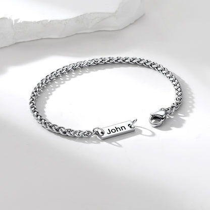 Steel Custom Engraved Bar Box Chain Bracelet for Women on a white background