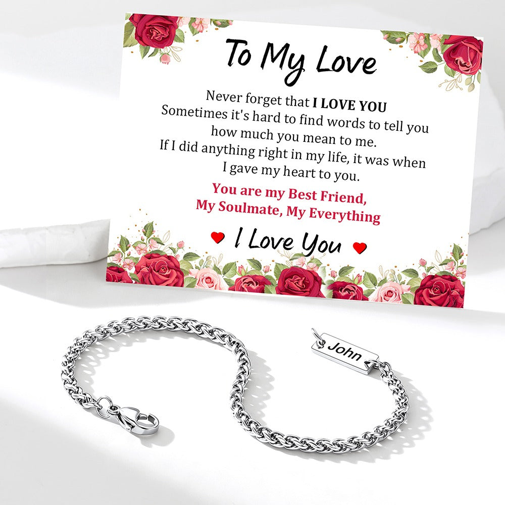 Steel Custom Engraved Bar Box Chain Bracelet for Women with rose greeting card