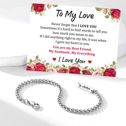 Steel Custom Engraved Bar Box Chain Bracelet for Women with rose greeting card