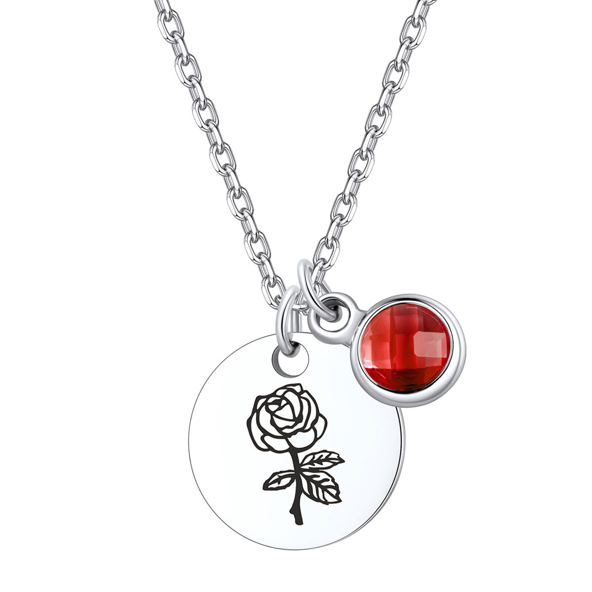 Steel Custom Engraved Birthflower Round Tag Disc Necklace with Birthstone