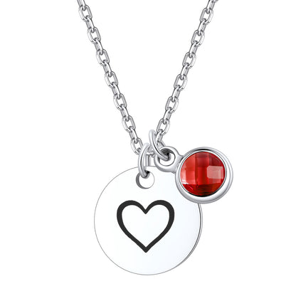 Steel Custom Engraved Heart Round Tag Disc Necklace with Birthstone