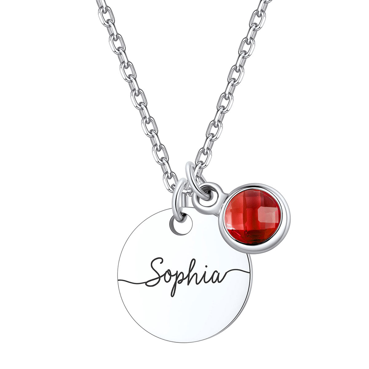 Steel Custom Engraved Name Round Tag Disc Necklace with Birthstone on a white background